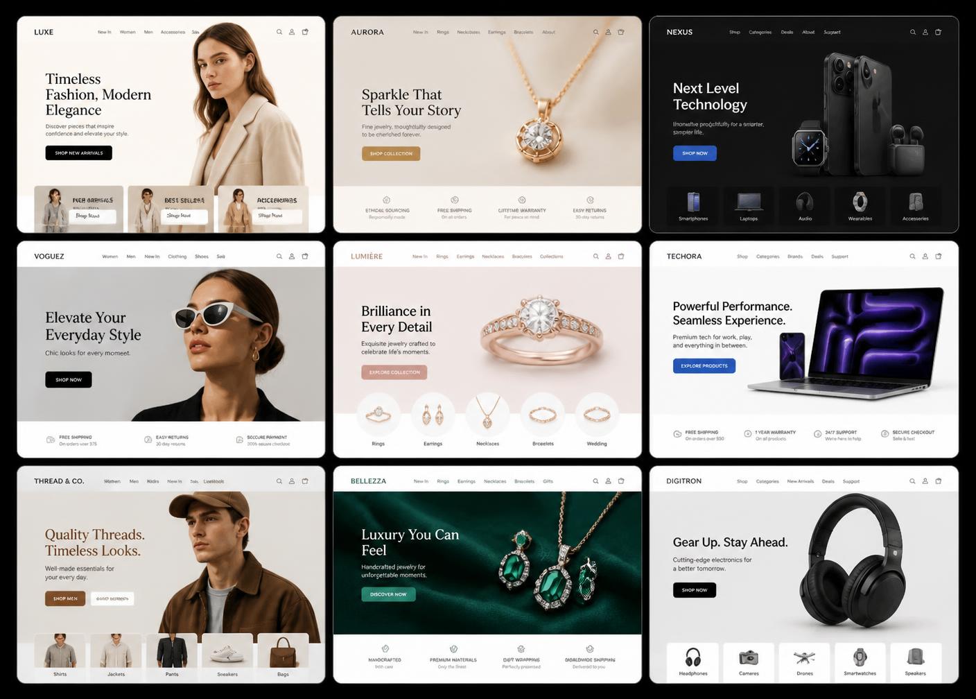 Grid of premium Shopify store designs across fashion, jewellery and electronics niches